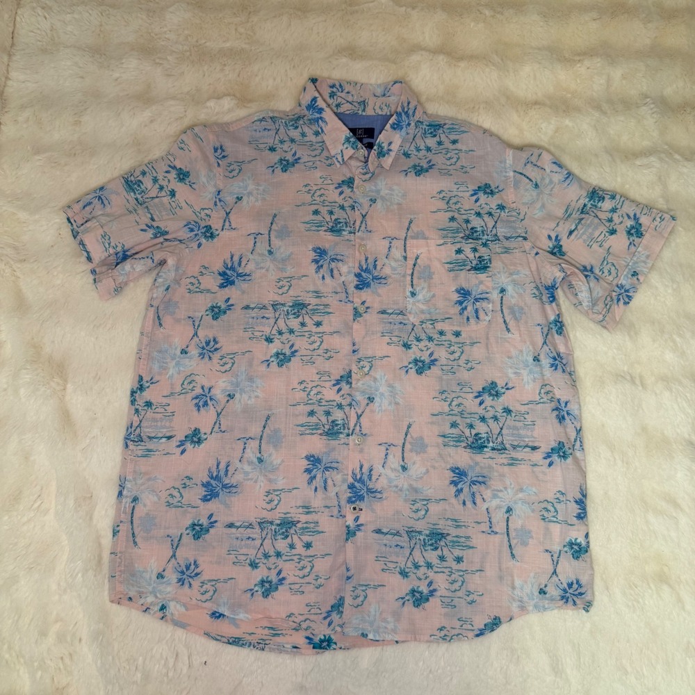 George Mens XL Pink Blue Palm Tree Tropical Cotton Button Up Shirt GM20Y032